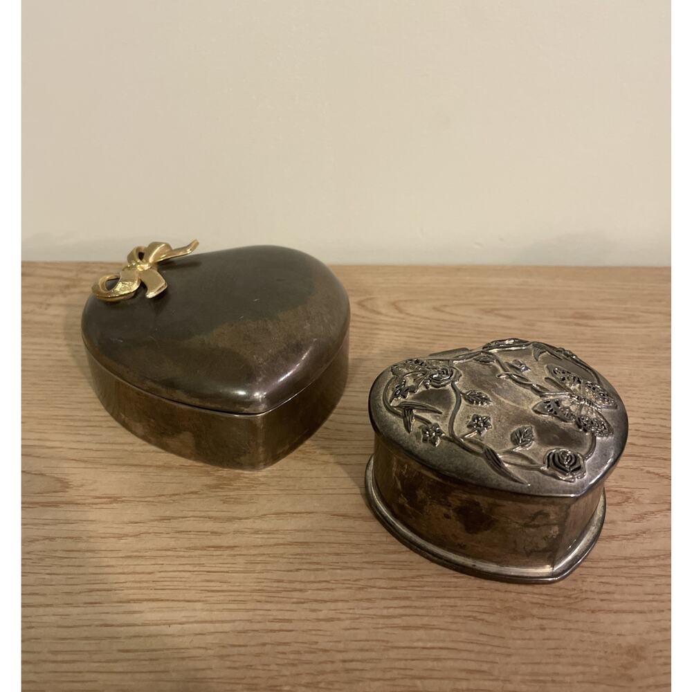 (QTY 2) Silvertone Heart Bow Floral Designs Lined Trinket Jewelry Box 3” & 4”
